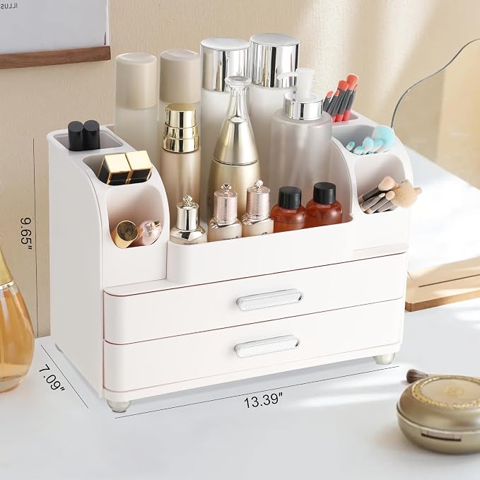 Large Makeup Organizer Countertop with Drawers, Make Up Organizer for Vanity, Makeup Storage Organizer Countertop Makeup Organizers for Skincare, All White