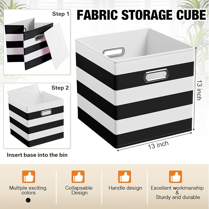 CroBlissful 13 Inch 6 Pack Fabric Storage Cubes with Metal Handles, Back to School Collapsible Organizer Bins for Classroom, Closet, Student Room, Toys and School Supplies (Black and White)