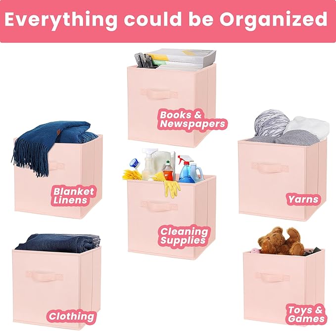 Criusia Storage Cubes- 11 Inch Cube Storage Bins for Organizing Shelves - Nursery Closet Organization Bins for Clothes Blanket - 10 Pack Collapsible Decorative Storage Box for Magazines (Pink)