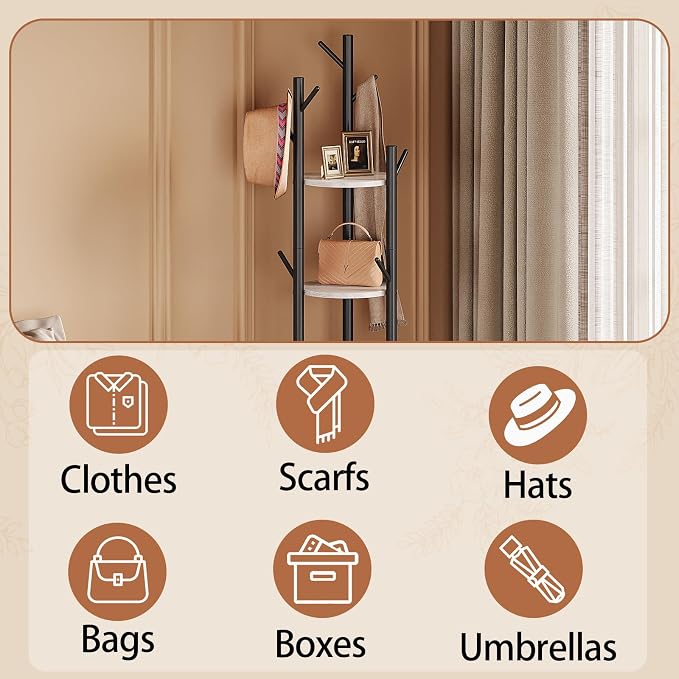 Espelism Rotary Coat Rack Stand, Freestanding Metal Hall Tree with 9 Hooks | 4-tier coat stand with wood storage shelves. Ideal for entryway, bedroom, corner or office clothing organization.Grey