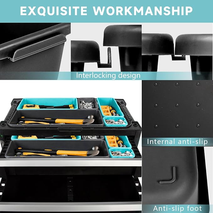 Tool Box Organizer Tray, 60 PCS & 5 Sizes, Black and Sky Blue | Sturdy ABS Plastic, Interlocking System, Craftsman Tool Desk Drawer Organizer for Storing Wrench Screwdrivers Hammer Nails