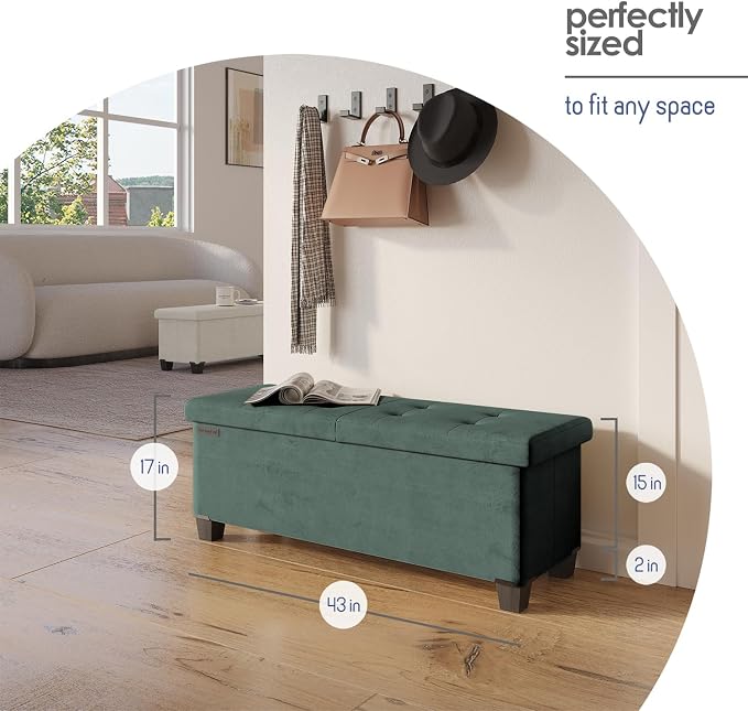 Storage Ottoman Bench with Bins, 43-in Storage Bench for Bedroom End of Bed, Folding Foot Rest Ottoman for Living Room Max 660lbs, Velvet Ottomans, Green