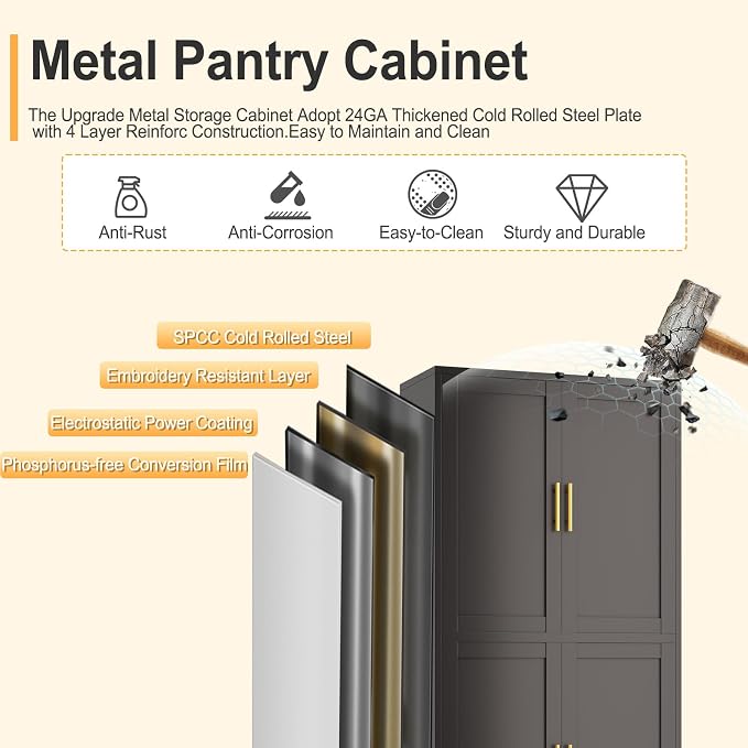 75" Tall Metal Kitchen Pantry Storage Cabinet, Freestanding Cupboard with 4 Doors and 4 Adjustable Shelves, Standing Storage for Kitchen, Bathroom, Garage, Dinning Room or Utility Room（Black）