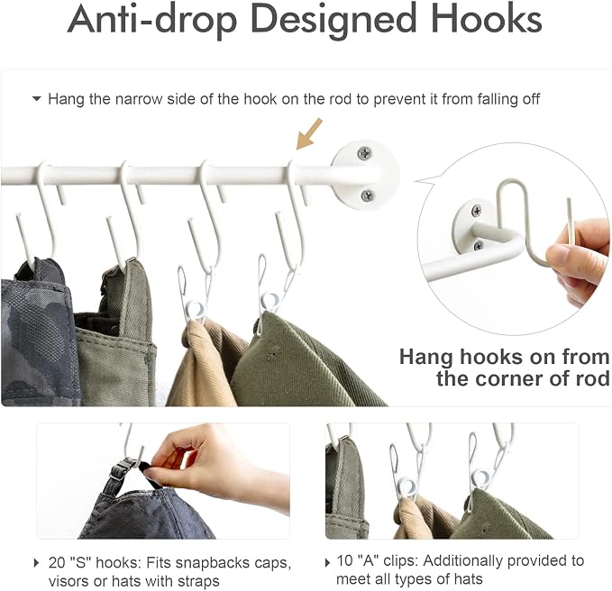 Mkono Hat Organizer Hat Rack for Wall Storage Holder with 20 Hooks Set of 2 | Hanging for 20 Caps, Adjustable Hooks, Space-Saving, Holds Baseball Scarves Belts Bags, Closet Door Bedroom Entryroom Laundry