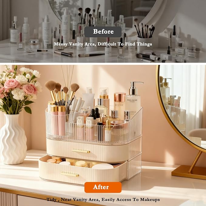 Makeup Organizer for Vanity with Stackable Drawers, 360 Rotating Makeup Brush Holder Large Cosmetic Display Case for Dresser, Bathroom Countertop Skincare Storage, Ideal Gift for Girls (3-layer)