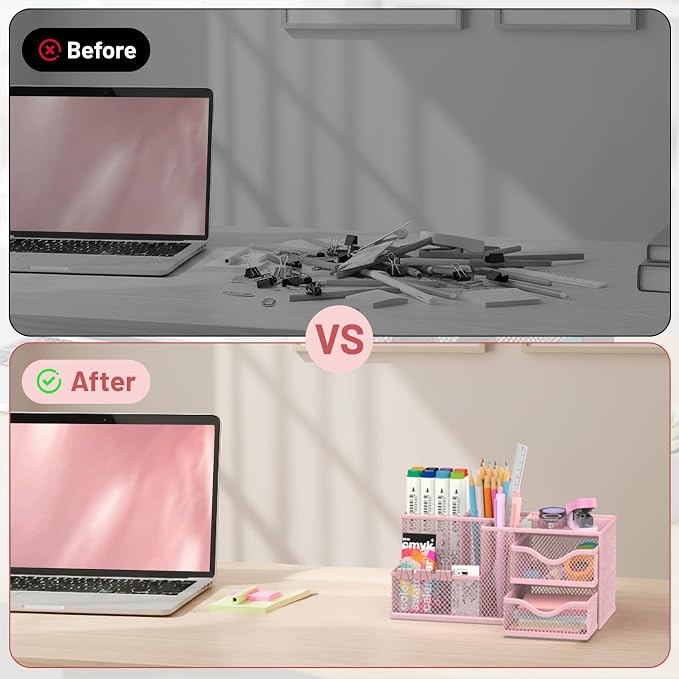 Mesh Desk Organizer with 2 Drawers, Metal Pen Holder for Desk, Pink | Versatile Storage for Pens, Notes, Clips, Desk Accessories and Office Supplies for School Office Classroom