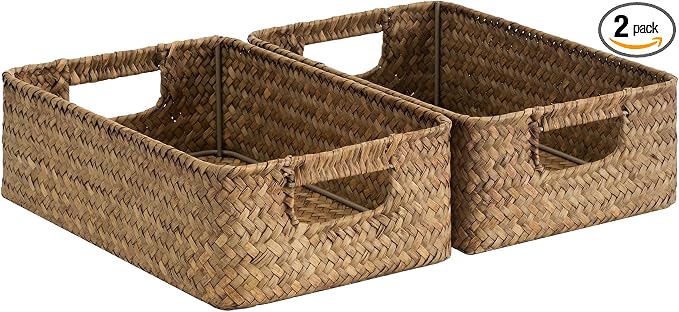 StorageWorks Wicker Baskets for Organizing, Woven Baskets for Storage | Seagrass, Pantry, Bathroom, Kitchen Closet, Table, Decorative, Book, Towel, Magazine, Food, Small, Medium, Rattan, Handle