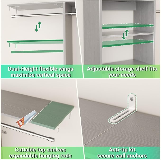 Besiost 48" Closet Organizer System, 4FT Closet System for Small Closets with 4 Hanging Rods & 3 Shelves, 80"H Small Closet Organizers and Storage for Bedrooms, Cloakrooms, Gray