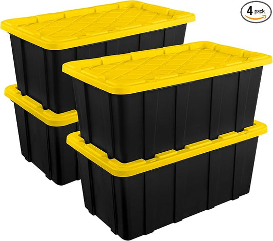 Sterilite 4-Pack Industrial Tote, Plastic Storage Container Bins with Lids, 38 Gallon - Heavy-Duty Organizing Containers for Closet, Bathroom, and Office | Heavy-Duty and Stackable Utility Box Containers for Home, Office, and Basement Organization, Bla...