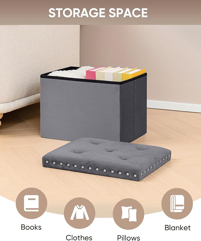 B FSOBEIIALEO Storage Ottoman Cube Folding Tufted Ottomans, Storage Boxes Footrest for Bedroom, Luxury Velvet Fabric 16.5 * 12.6 * 12.6 Inches Grey