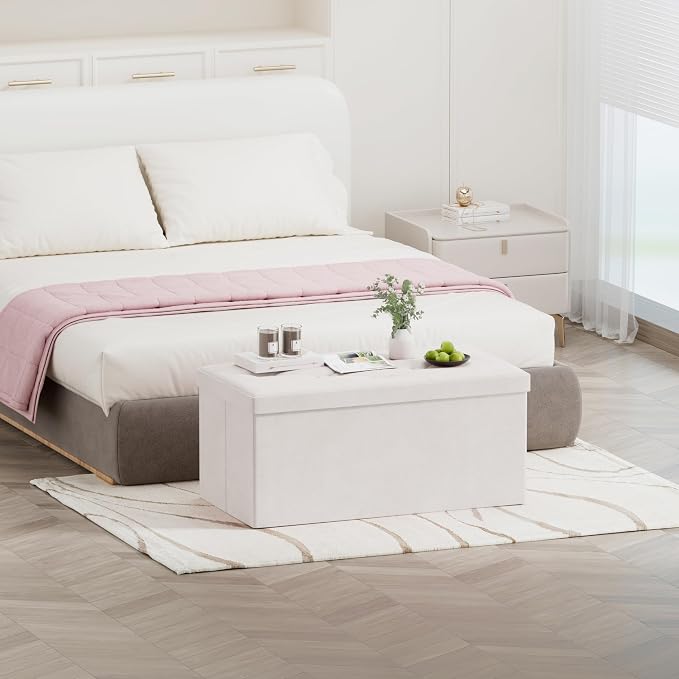 BRIAN & DANY Folding Storage Ottoman Bench, Ottoman with Storage, Foot Rest, Benches Seat for Bedroom, Living Room, Entryway, Long Shoes Bench, 15.7" x 31.5" x 15.7" White