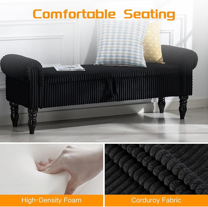 60" Storage Bench for Bedroom,End of Bed Bench with Storage | Corduroy King Size Bench with Rolled Arms,Storage Ottoman Benches for Living Room,Entryway,Benches for Foot of Bed,Black