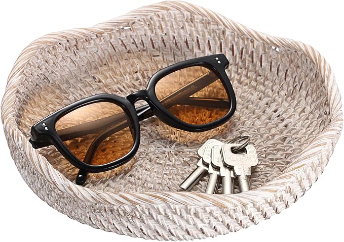 Hipiwe Decorative Key Tray Rattan Storage Bowl Food Serving Basket for Fruit Bread Candy Handwoven Basket Tray for Entryway Table Kitchen, Whitewash 8.5 Inch