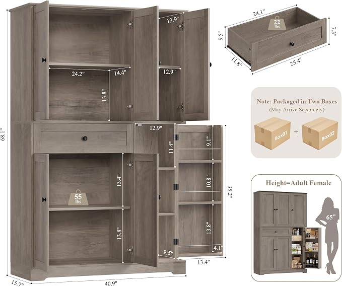 HOSTACK 68" H Kitchen Pantry Storage Cabinet with Doors & Shelves, Ash Gray | Large Pantry Cabinet with Door Rack, Freestanding Kitchen Storage Cabinet with Drawer, Food Pantry for Dining Living room