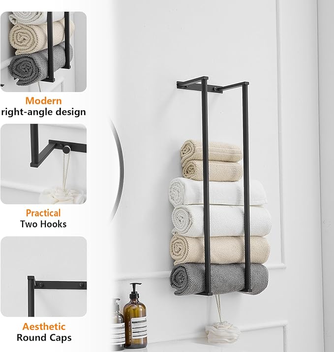 BWE Matte Black Towel Racks for Bathroom 28" Towel Holder for Rolled Towels | Stainless Steel Wall Mounted Towel Storage for Bathroom with 2 Hooks, 6 Large Bath Towels Capacity