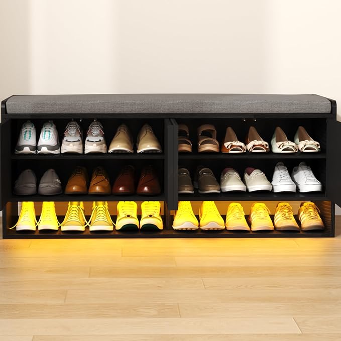 HOMEFORT 47.2" Fluted Shoe Storage Bench, Entryway Bench with Linen Seat Cushion, Shoe Cabinet Bench with Adjustable Shelf and Built-in LED Sensor Light, Bench for Bedroom End of Bed, Black