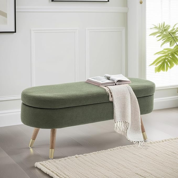 IAFIKE Oval Storage Bench 43.5" Ottoman Bench Upholstered Boucle Fabric Footrest Bench with Golden Metal Legs End of Bed for Bedroom, Living Room, Entryway,Bed Side (Dark Green)