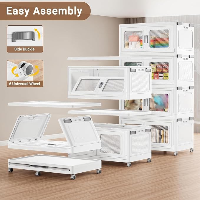 BROVIEW 220Gal Extra Large Storage Bins with Lid and Wheels, White, 4 Pack | 4 lid Plastic Cabinets Stackable Collapsible Foldable Storage Box Total 880 Quart Organizer Drawers For Home Office Garage