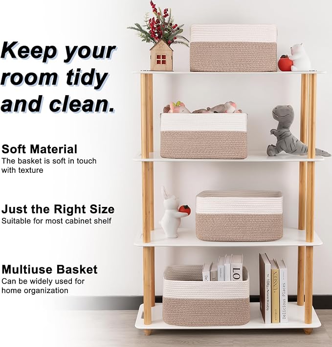 4 Pack Storage Baskets for Organizing, Woven Baskets for Shelves - Perfect for Toys, Books, Towels, and Clothes, Durable Gift Basket Bins Toy Storage, 15.7''Lx11.8''Wx7.8''H, Brown & White