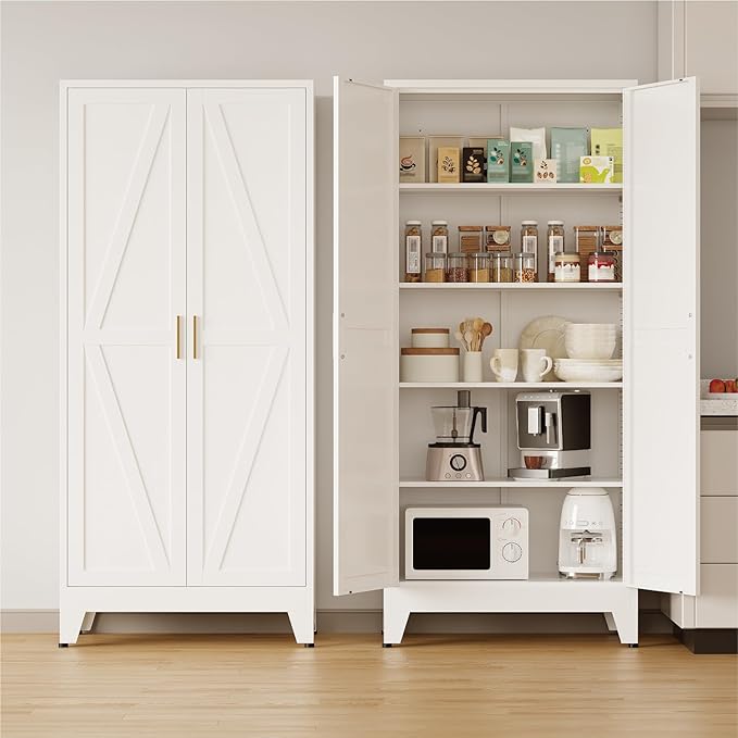 COFaR Metal Pantry Cabinet with Doors, Farmhouse 71'' Tall Storage Cabinet with 4 Adjustable Shelves, Kitchen Pantry Cabinet for Dinning Room, Laundry, Bathroom, Garage, White 5-Tier