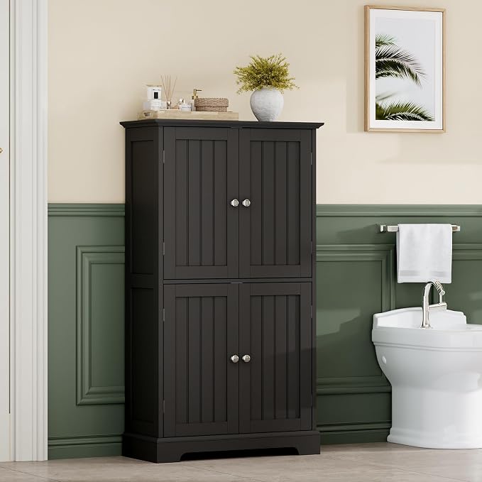 ChooChoo Bathroom Floor Cabinet with Adjustable Shelves | Bathroom Storage Cabinet, 4 Doors, Freestanding Cupboard for Living Room, Kitchen Pantry, Black