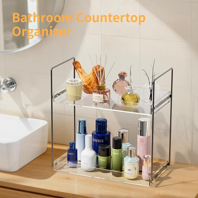 NPPLUS 2 Tier Bathroom Counter Organizer Matte Black+Clear Acrylic Vanity | Bathroom Countertop Organizer Under Sink With Acrylic Tray, Home Storage Holder For Makeup Cosmetics Perfume Spice
