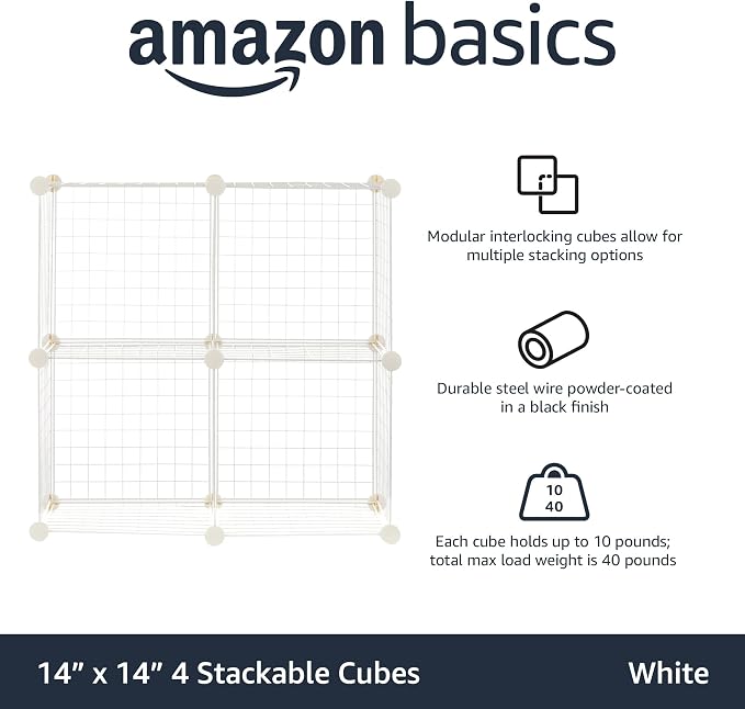 Amazon Basics 4 Cube Wire Grid Storage Organizer, Closet Organizer and Shelves, Stackable, Space-Saving, Easy to Assemble, 14"x14"x14", White