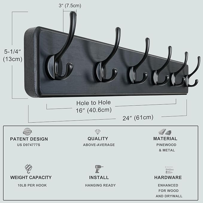 Coat Rack Wall: 24" Long, Patented, Heavy-Duty, 6-Double-Hooks Wooden Wall Mounted Coat Rack Coat Hanger Hook Rail for Winter Coats Hat Jacket Clothing, Black