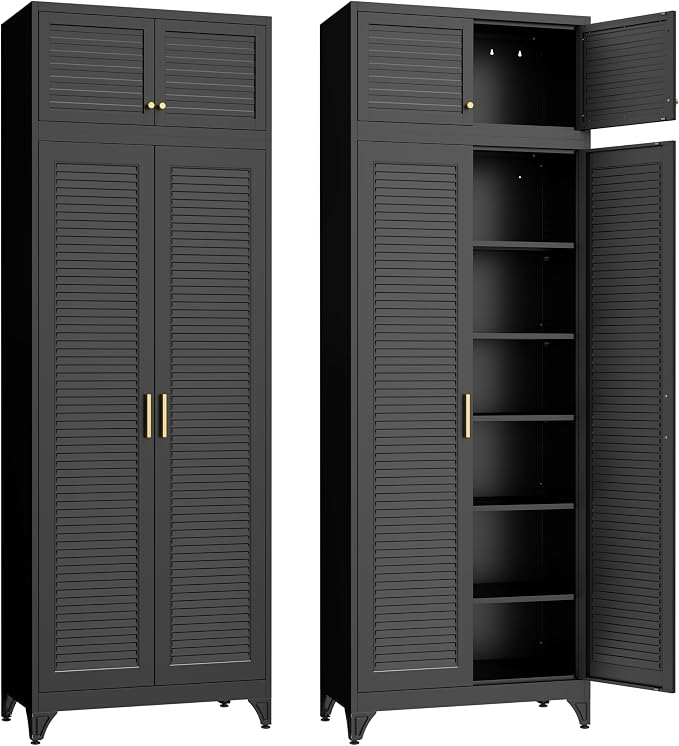 SteeLoong 90" Metal Storage Cabinet with Doors and 5 Adjustable Shelves | Kitchen Pantry Cabinet,Black Tall Freestanding Cupboard with Gold Handle,Steel Garage Cabinets for Tool,Office,Kitchen,School