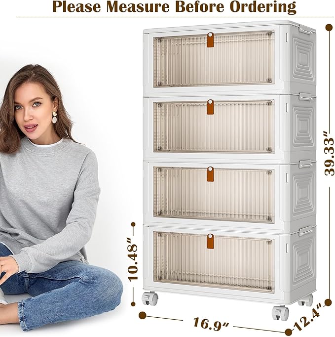 YFXCVSL 4 Tier Plastic Storage Bins with Lid 36QT, Stackable Storage Bins | Plastic Storage Bins with Wheels, Folding Storage Boxes, Organizers and Storage for Living Room,Office,Dorm
