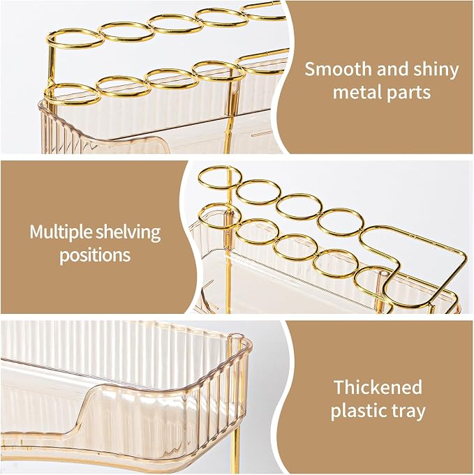 NATURE'S SOURCE Makeup Organizer for Vanity, 3-Tier Corner Bathroom Organizer Countertop with Makeup Brush Holder, Bathroom Counter Storage for Dresser-Amber Gold