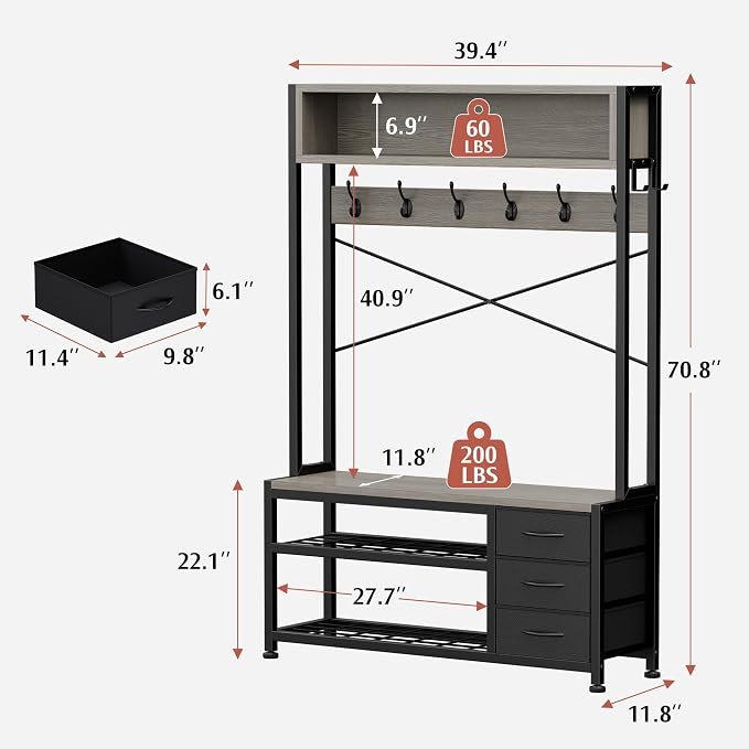 Hall Tree with Bench and 3 Drawers Storage, 39.4" Coat Rack Freestanding