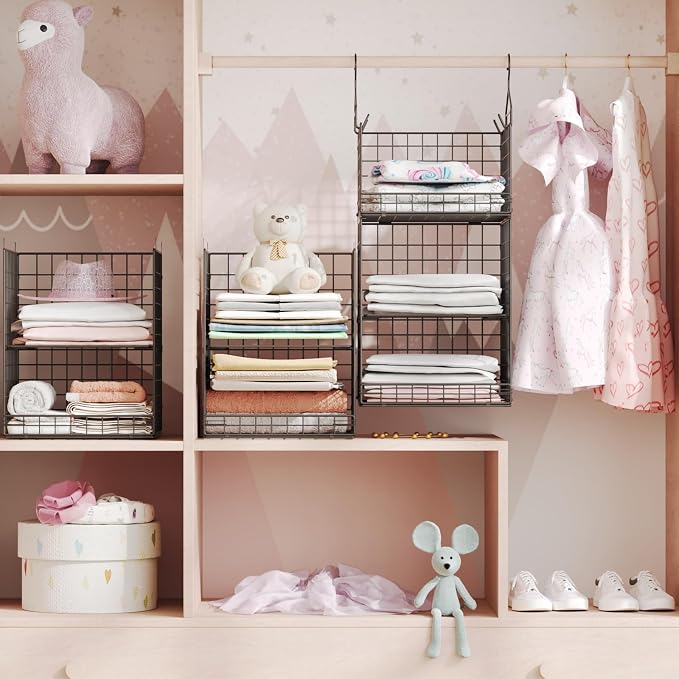 Yuyetuyo 5 Tier Closet Hanging Organizer and Storage Separable Hanging Closet Shelves with 4 Hooks 2 Adjustable Dividers, Wire Storage Basket Bins for Clothing Sweaters Socks Dolls Handbags, Foldable