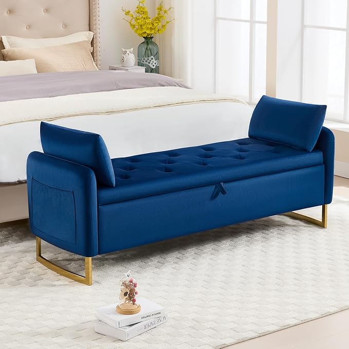 65" Storage Bench for Bedroom, Velvet End of Bed Bench, King Size Bed Benches for Foot with Tufted Button and Gold Legs, Upholstered Window Ottoman Benches with Armrests, Navy Blue