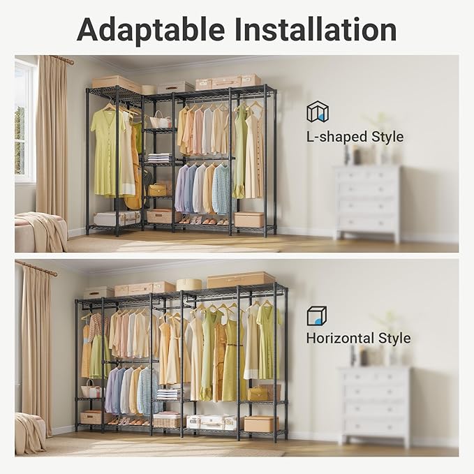 VIPEK V50 Heavy Duty Clothes Rack with Adjustable Shelves, Black | 1300 Lb Capacity, 10 Shelves, 4 Hanging Rods, Open Closet, L-Shape/Straight, Heavy-Duty Steel, for Bedroom/Reach-In Closet
