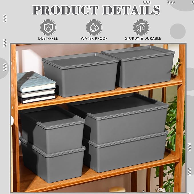6 Pcs Plastic Storage Bins with Lids Stackable Storage Containers Durable Box Baskets for Organizing Shelves Playroom Classroom Office (Large and Small,Grey)