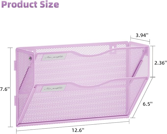 Marbrasse Wall File Holder 2-Tier Hanging Wall File Organizer, Mesh Mail Holder for Papers, Wall Mount File Clipboard & Magazine Organizer Great for Office Home (Purple)