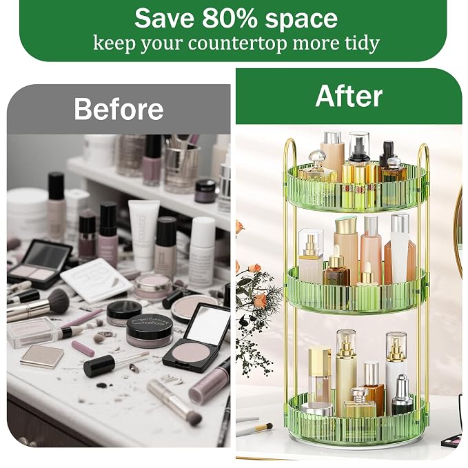 MOKANI 360 Rotating Makeup Organizer for Vanity, 3 Tier Perfume Organizer | Adjustable Multi-Function Spinning Cosmetics Skincare Storage for Bedroom, Dresser, Countertop, Green