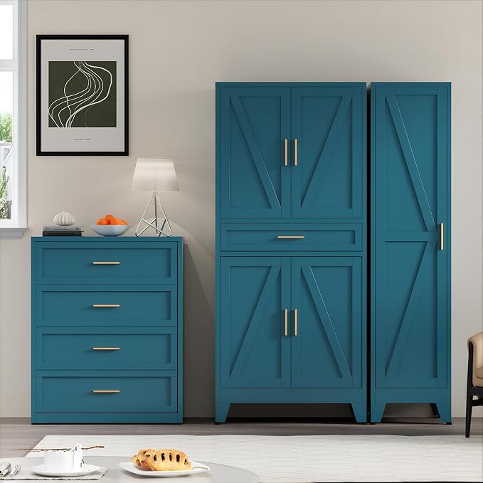 COFaR Farmhouse Storage Kitchen Pantry Cabinet with 4 Barn Door, 4 Adjustable Shelves, Drawer and Legs, for Cupboard/Dining Room/Bathroom/Living Room/Office/Laundry Room(Blue Green, 71" Metal Cabinet)