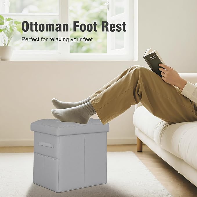 Ottoman with Storage, Ottoman Foot Rest Stool with Handles & Side Pocket. Folding Leather Storage Bench with Thicker Foam Padded Seat. Slim Tall Ottomans for Living Room 350lbs, 17x13x17in, Grey