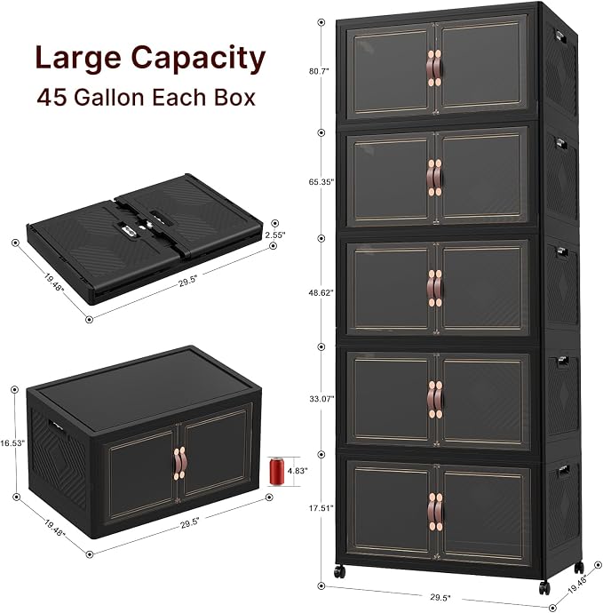 UAMFURI Stackable Storage Bins with Lids, 900QT Lockable Storage Cabinet | Folding Storage Box with Doors and Wheels, Collapsible Plastic Drawers for Home, Garage, Office