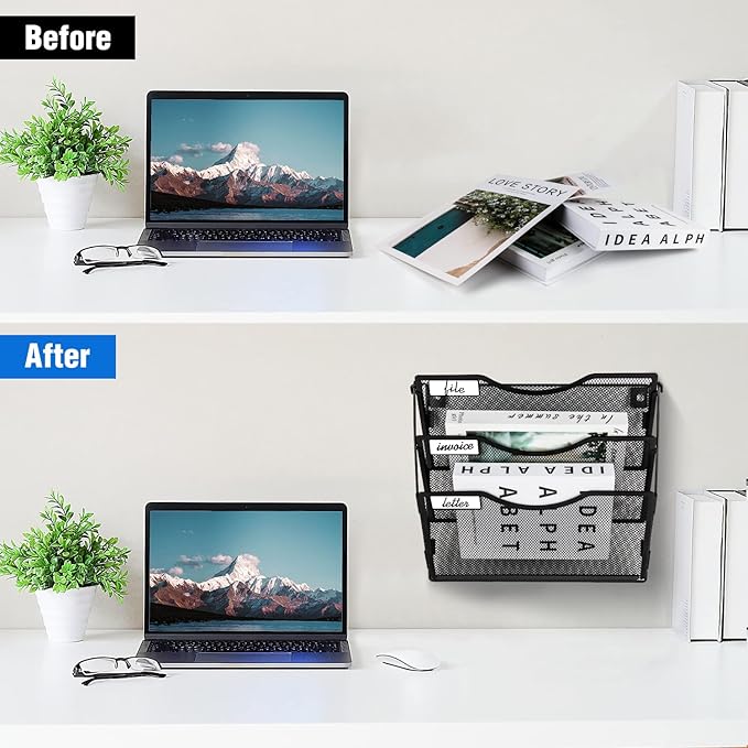 BOHDK Wall File Organizer 3 Pockets, Mail Organizer, Hanging Folder Holder, Foldable | Hanging or Wall Mounted | Label Panel | 2 Hooks | Office Home School Organizer, Black