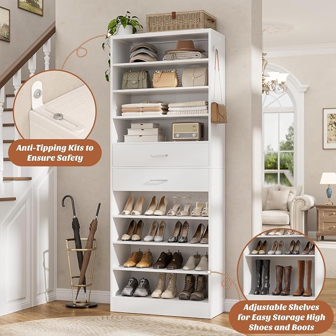 Aheaplus Tall Shoe Cabinet, 10 Tiers Wood Shoe Rack, Vertical Shoe Storage Organizer with 2 Drawers, Narrow Shoe Shelf Tower for 24-28 Pairs, Space Saving, for Closet, Entryway, Bedroom, White
