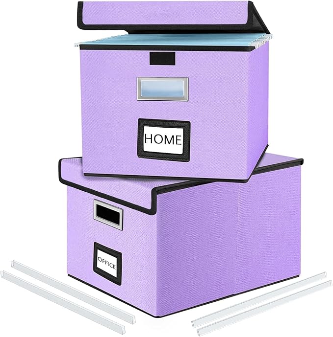 File Organizer Box with Lids, Collapsible File Folder Organizer | File Box with Plastic Slides for Document, Filing Bin for Letter Size Hanging File Folders (2 Pack, Dark Lavender)