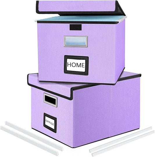 File Organizer Box with Lids, Collapsible File Folder Organizer | File Box with Plastic Slides for Document, Filing Bin for Letter Size Hanging File Folders (2 Pack, Dark Lavender)
