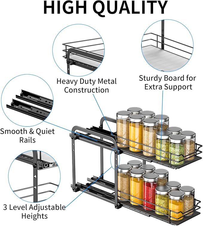 RCHYFEED 2 Tier Pull Out Spice Rack for Inside Cabinets,5.5" Wx10.5 Dx9.5 H | Height Adjustable Spice Cabinet Organizer Heavy Duty Metal Pull Out Spice Rack Vertical Spice Shelf for Cabinets & Pantry