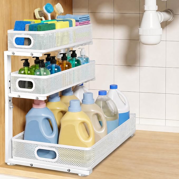 3 Tier Adjustable Under Sink Organizer for Bathroom & Kitchen(1Pack, White) | 35% More Storage, 5 Adjustable Heights, Sliding Pull Out,No Sliding, Heavy-Duty Steel Frame, Multi-Purpose Cabinet Organizer