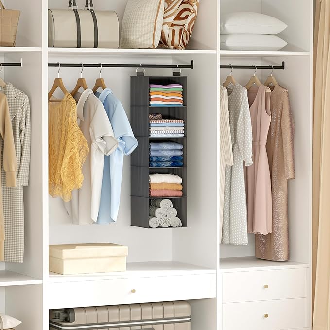 Lifewit 5 Tier Hanging Portable Closet Storage Organizer for Shelves, Gray | Foldable Clothes Shelf with 2 Sturdy Hooks, Sweater/Coat/Shoes Clothing Organization for Wardrobe, Dorm, Bedroom