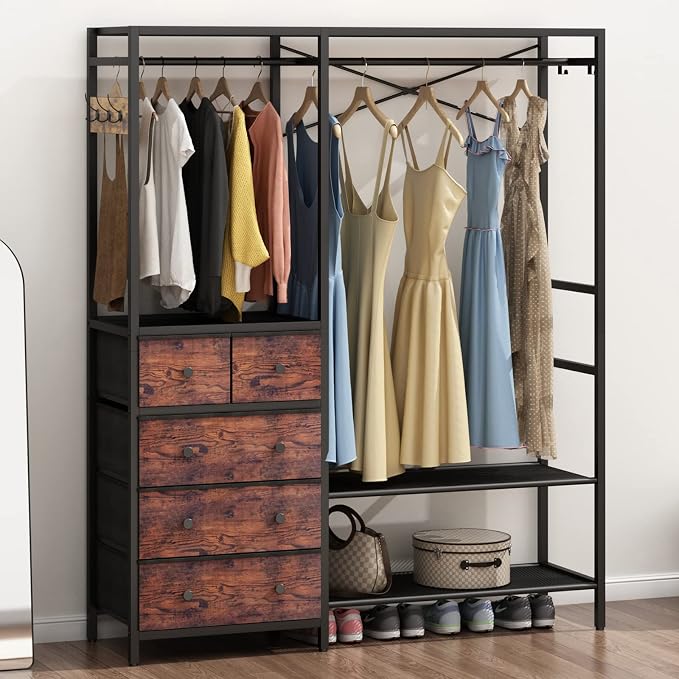 Heavy Duty Clothing Rack with 5 Drawers & 4 Storage Shelves, 2 Hanging Rods | 70.9Hx59.1W Clothing Rack, Wardrobe Closet Racks with 5 Hooks, Freestanding Garment Racks (Rustic Brown)