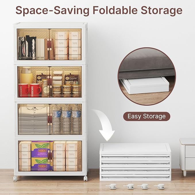 UAMFURI Stackable Storage Bins with Lids, 192QT Lockable Storage Cabinet | Folding Storage Box with Doors and Wheels, Collapsible Plastic Drawers for Home, Garage, Office